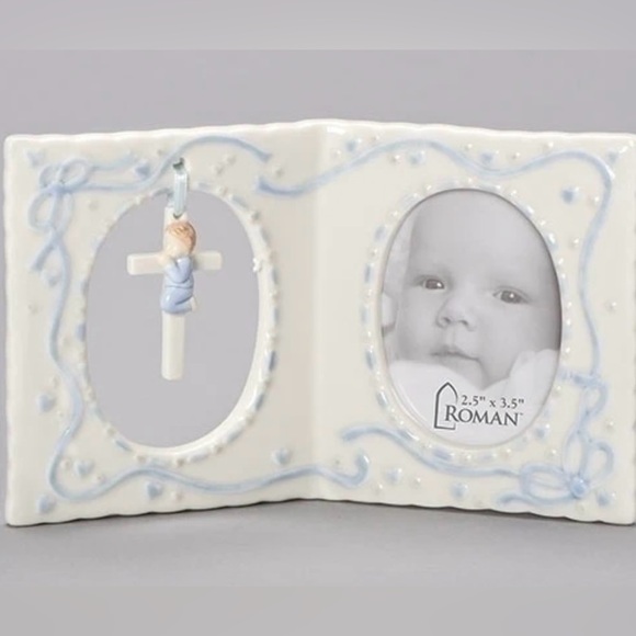 Roman Baby Boy Nursery Frame W/Cross Porcelain- 1x6x4 - Light Blue/Ivory EUC - Picture 1 of 7